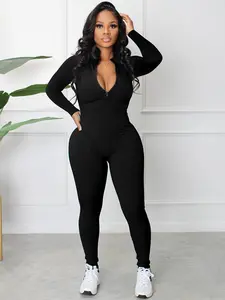 Women's Solid Textured Fitted Zip Up Jumpsuit, Jumpsuit for Women, Casual Long Sleeve Round Neck Skinny Jumpsuit for Spring & Fall, Women's Clothes for Daily Wear