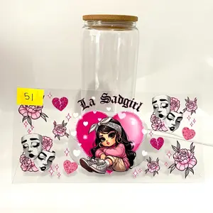 La sad girl floral hearts glass cup