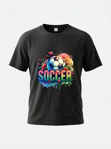 Men's Rainbow Floral Football T-Shirt, Heart Flower Fan Short Sleeve, Casual Daily Wear, Outdoor Sports, Fitted Style, No Zipper
