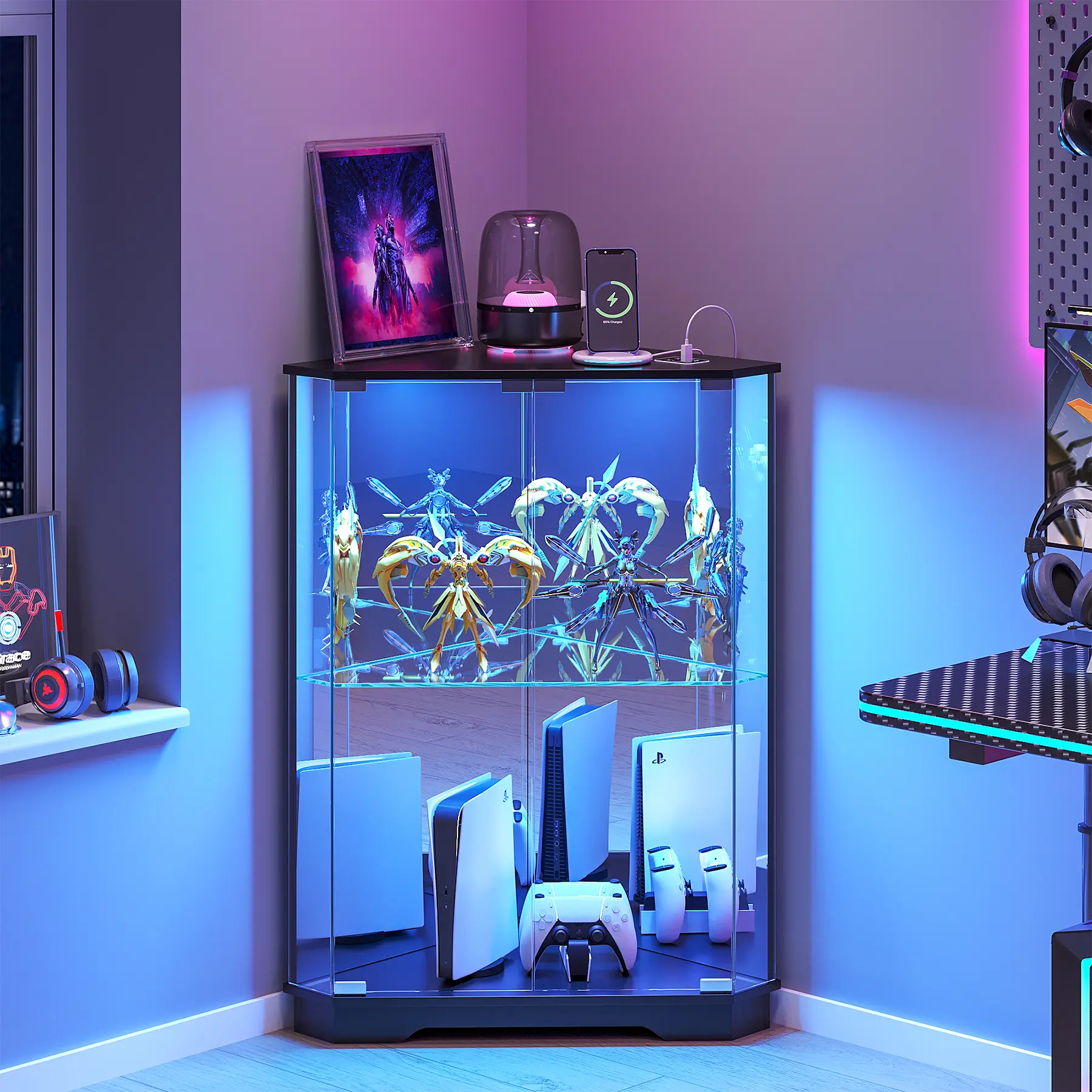 Vlsrka Corner Display Cabinet with Glass Doors, Small Display Case with 3-Color LED Lights and Charging Station, 2-Tier Curio Cabinet with Storage and Shelf,