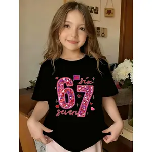 This Stylish and Versatile Round Neck Short-sleeved T-shirt for Girls Features a Pink Sequined Number 67 Print Design, Making It Perfect for Family Gatherings and Casual Wear.