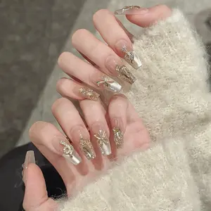 Nail Apparel Hand Made Long Ballet Press on Nails Luxury UV Finish 10 Pcs Set with Various Sizes (Medium Pack of 10) Featuring Rhinestone Pearls reusable press-on Medium Length