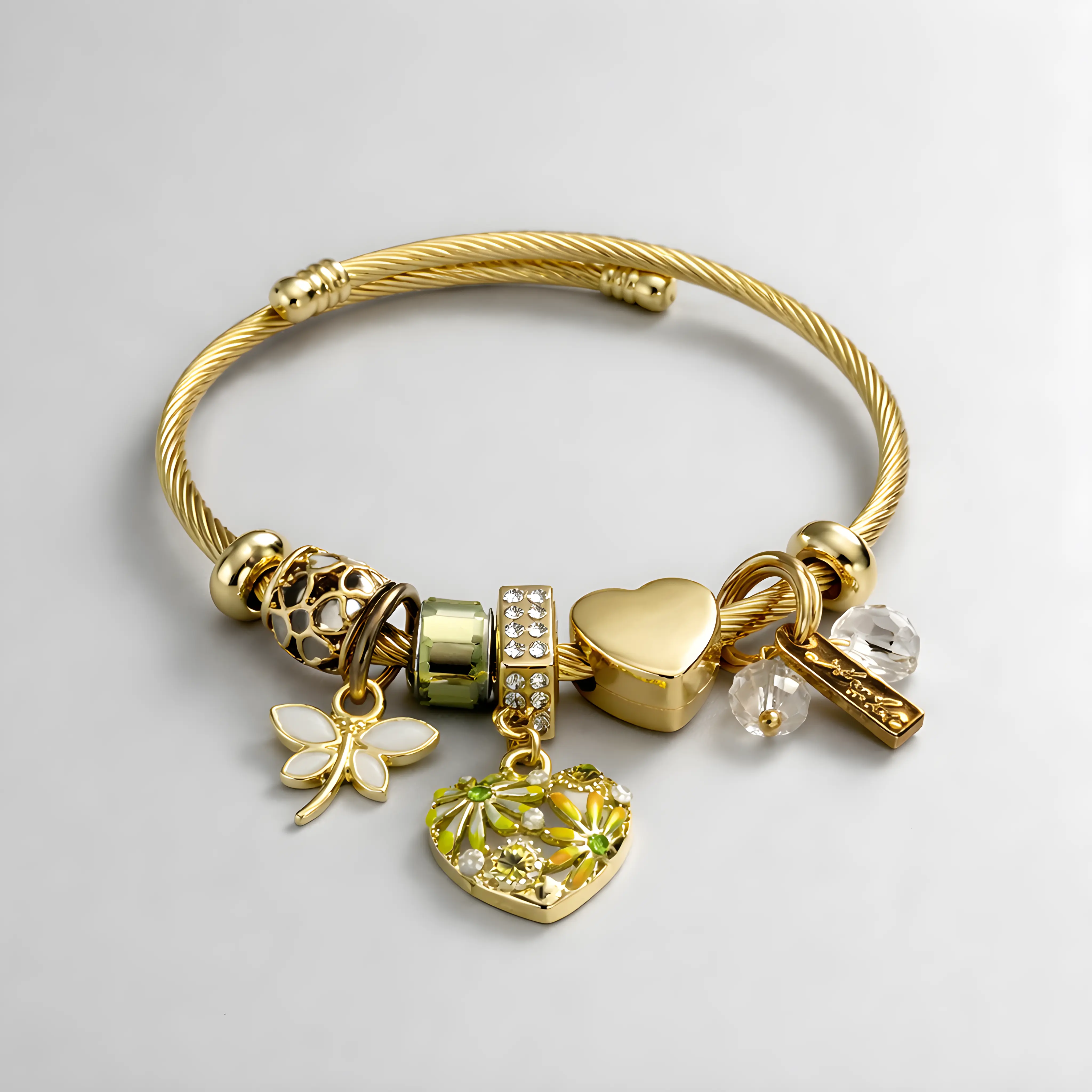Gold Charm Bracelet with Heart and  Floral Details