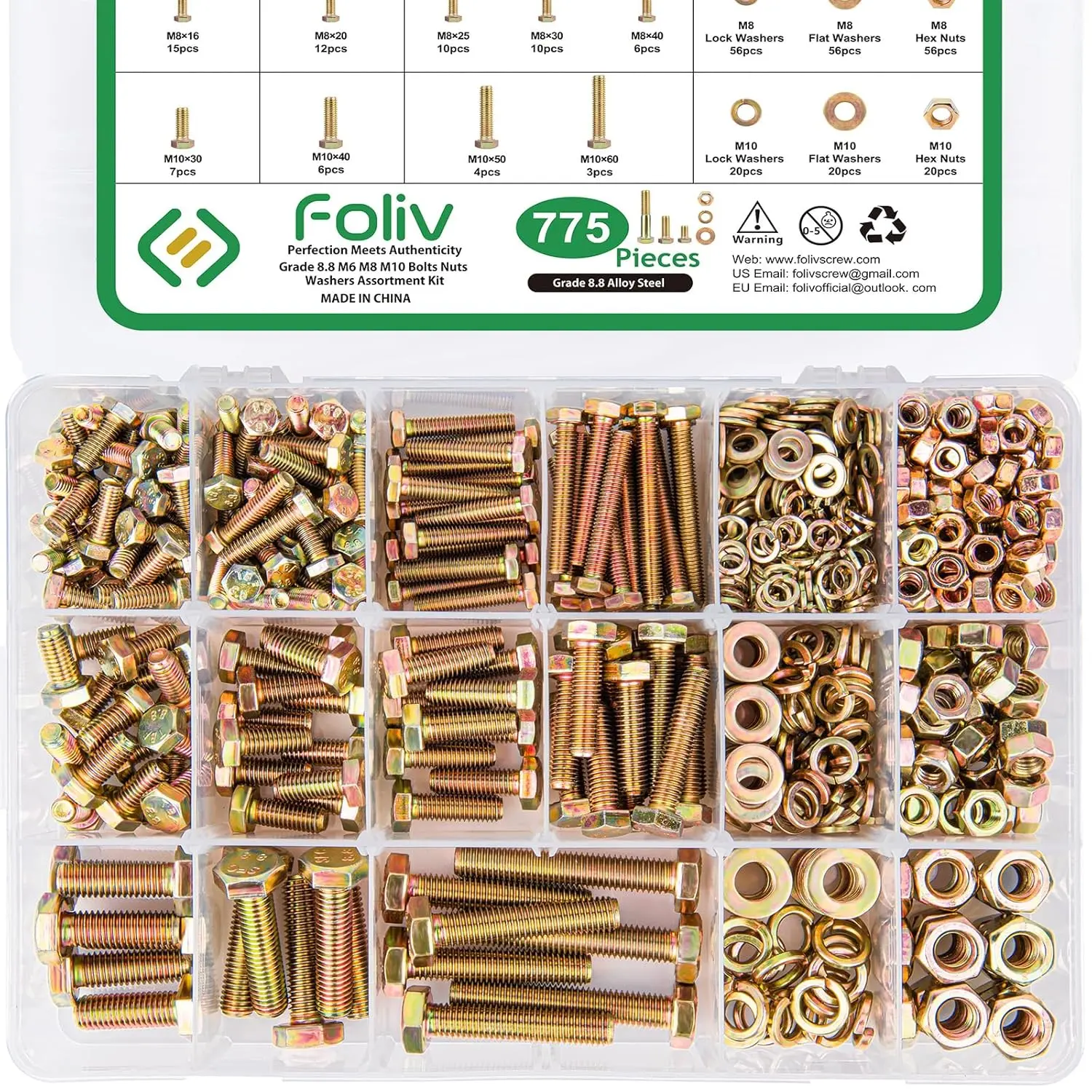 775PCS Grade 8.8 M6 M8 M10 Bolts and Nuts Assortment Kit, Heavy Duty Metric Hex Bolts Nuts Washers Kit, 16 Common Sizes Included