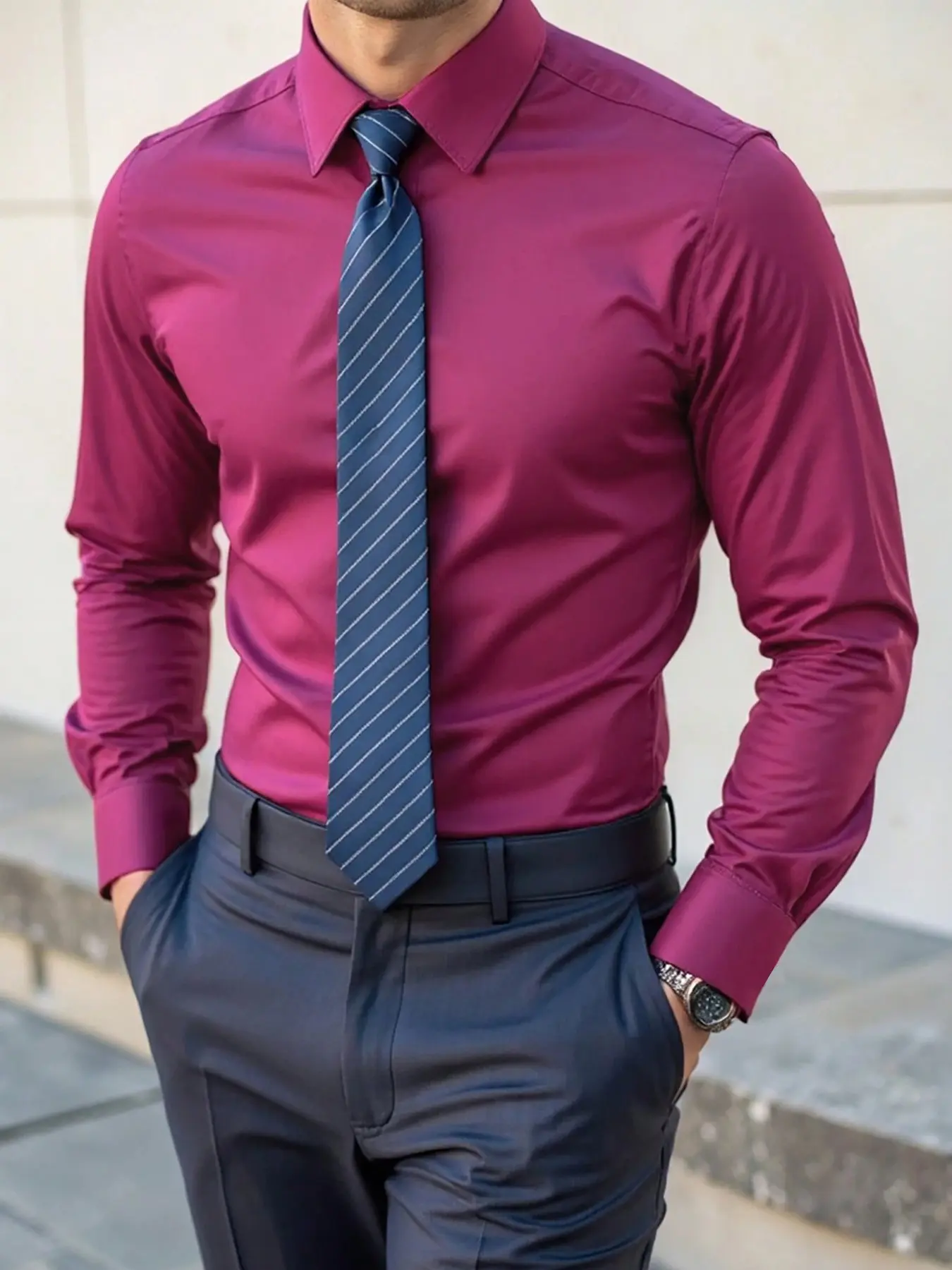 Men's Slim Fit Formal Business Dress Shirts, Anti-Wrinkle Soft Fabric, Office Meeting/date/casual Essential, Stiff Collar & Hidden Elastic Straps