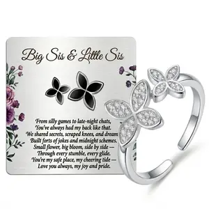 NBR12 1Pcs Sister Ring Two-Flower Design with Cubic Zirconia: Adjustable Open Band in Silver Tone, Hypoallergenic Gift for Sisters Friends Women Girls with Gift Card and Box