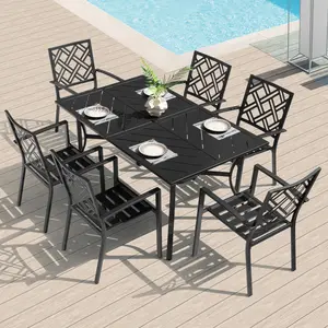 7PCS Metal Rectangle Patio Dining Set with Umbrella Hole, Stackable Design