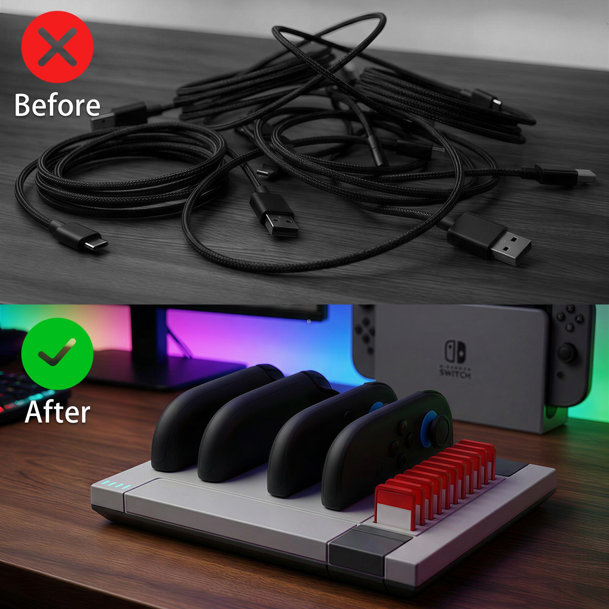 Hosanwell Switch 2 JoyCon Charger Dock, 4-Controller Fast Charging Station with 11 Game Card Storage, Magnetic Retro Charging Stand for Switch 2 JoyCons