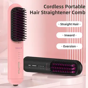 hairsmlie Ionic Hair Straightener Brush, Anti-Scald Portable Hot Comb with 3 Temp Settings & USB Rechargeable for Travel & Daily Use