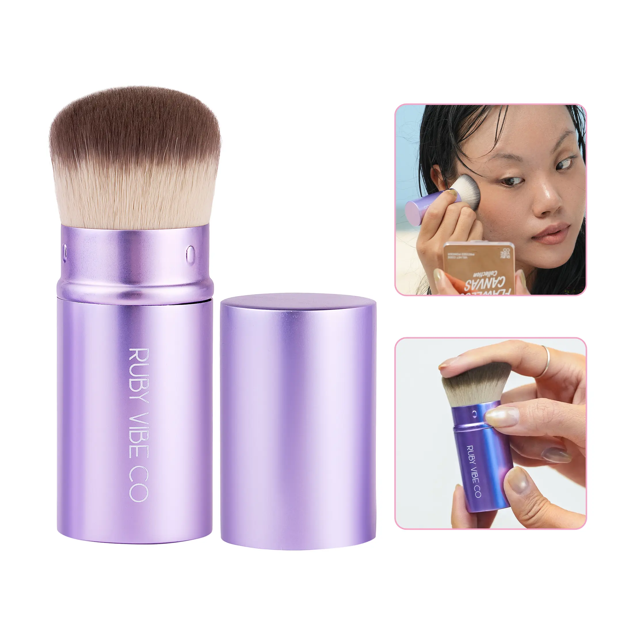 [RUBY VIBE CO] Luxe Retractable Kabuki Brush 001 Soft Synthetic Hair Sleek Purple Aluminum Ferrule for Blending & Buffing