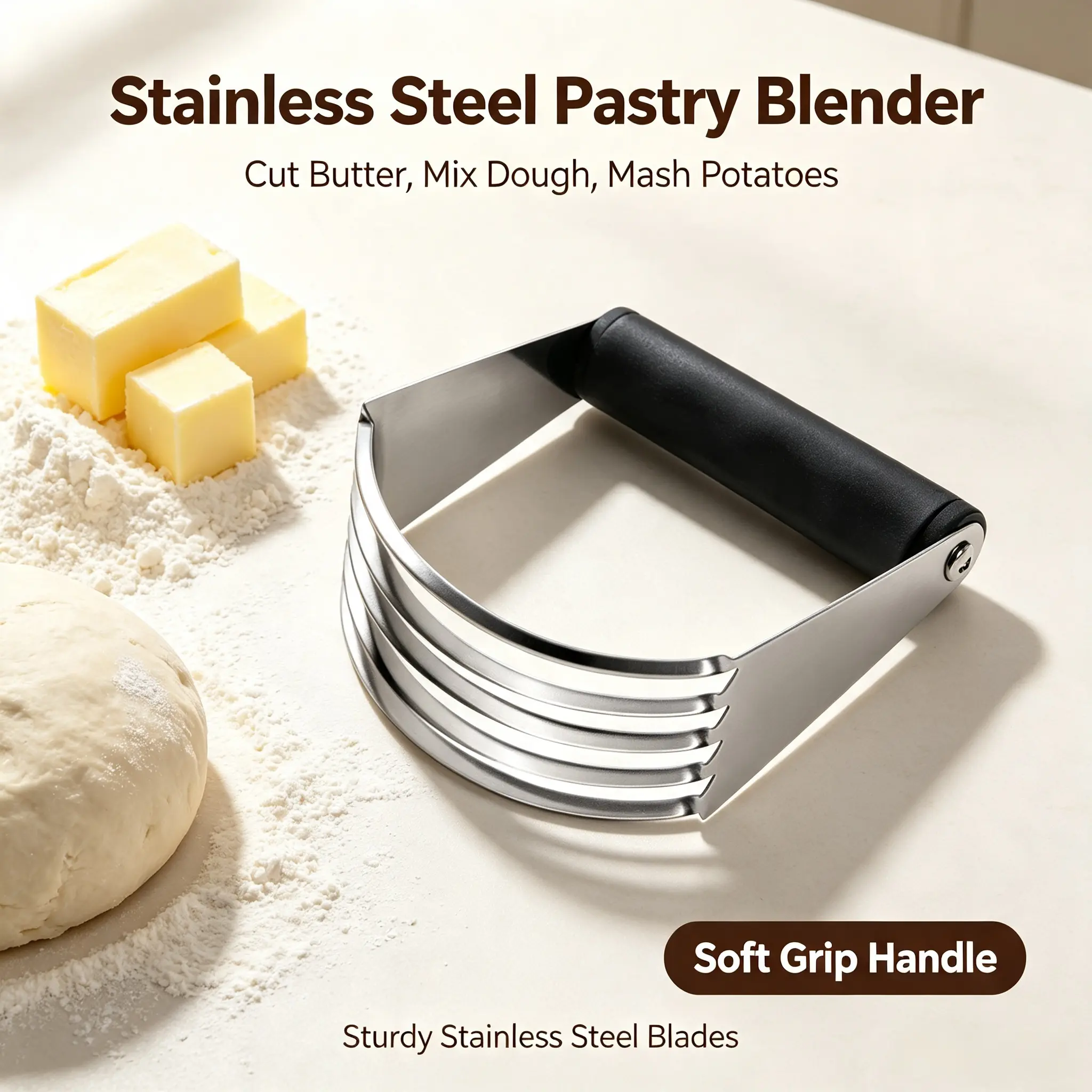 Stainless Steel Pastry Blender, Dough Blender, Butter Cutter, Potato Masher for Baking, Pie Crust, Biscuits and Cookies