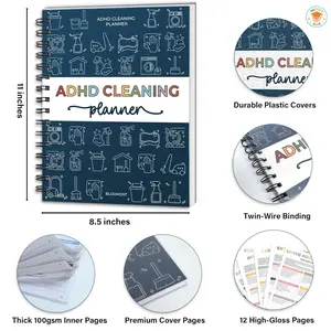 ADHD Cleaning Planner - 11x8.5 Inch Durable Plastic Covers Twin-Wire Binding 100gsm Inner Pages 12 High-Gloss Pages Daily Weekly Monthly Household Checklist for ADHD Minds