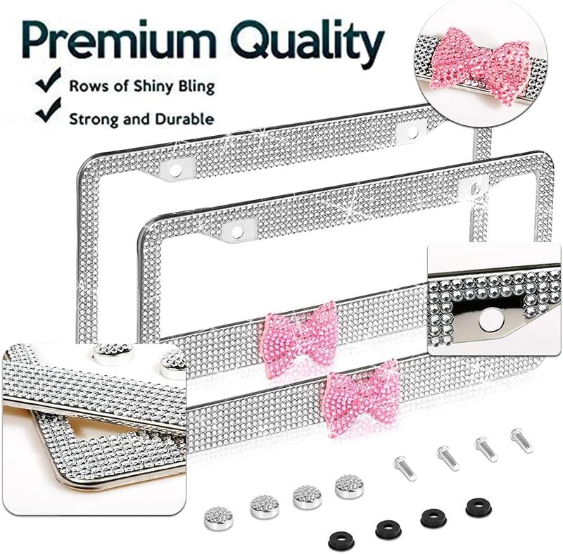 2 Pack Bling License Plate Frame, Rhinestone Premium Stainless Steel License Plate Frame, Facets Clear Color Rhinestone Crystal, Girly Car Accessories Automotive Vehicle