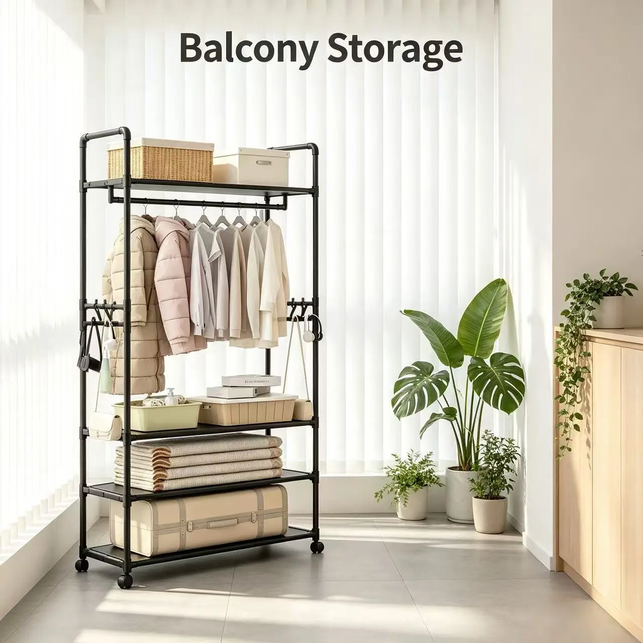 4-Tier Rolling Metal Clothing Rack with Wheels, Freestanding Garment Rack with Hanging Rod & Side Hooks, Multifunctional Storage for Clothes, Shoes & Bags, Space Saving Open Wardrobe for Bedroom Entryway, Black & White Options