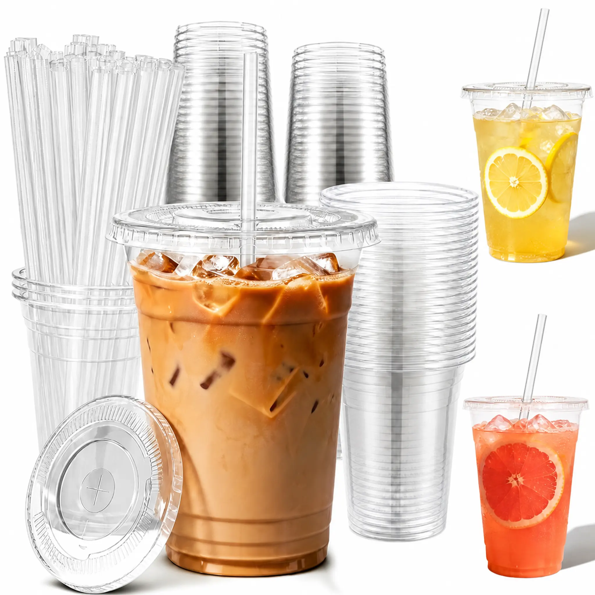 40/20 Pack 500ml Reusable Plastic Iced Cups with Lids and Straws, Flat-Bottomed Stable Portable Disposable Tableware for Home, Party Drinks Supplies