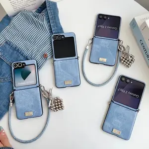 Fashion Denim Fabric Cute Phone Case For Samsung Galaxy Z Flip 7 6 5 4 Z Flip6 Z Flip7FE Cover with Hand Rope Cute Hinge Cases