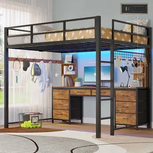 Full Size LED Loft Bed Frame with L-Shaped Desk Brown Steel Charging Station Wooden Guardrail