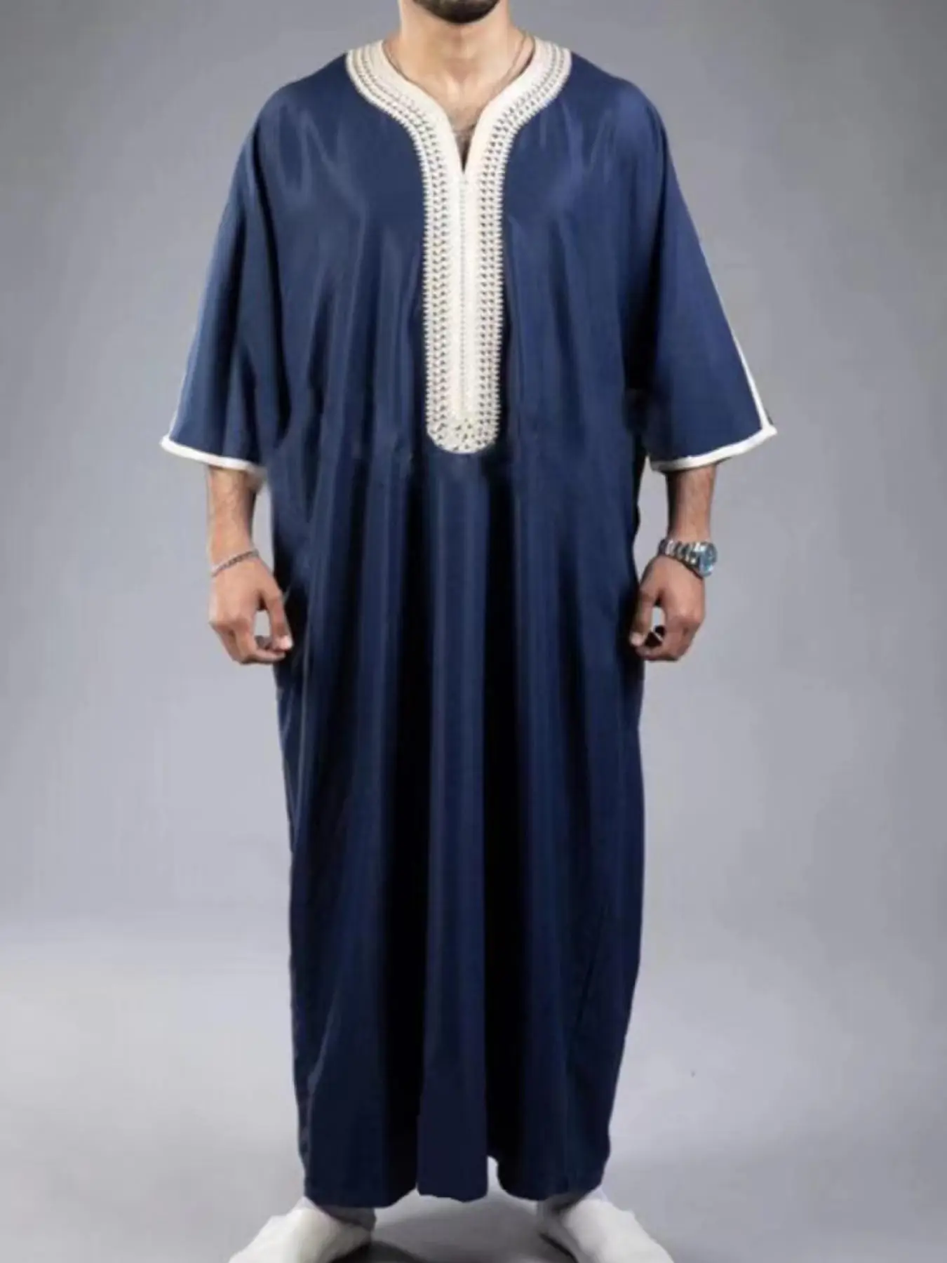 Men's Contrast Binding Embroidering Notched Neck Kaftan, Summer Outfits 2024, Regular Fit Casual Three Quarter Length Sleeve Abaya for Summer