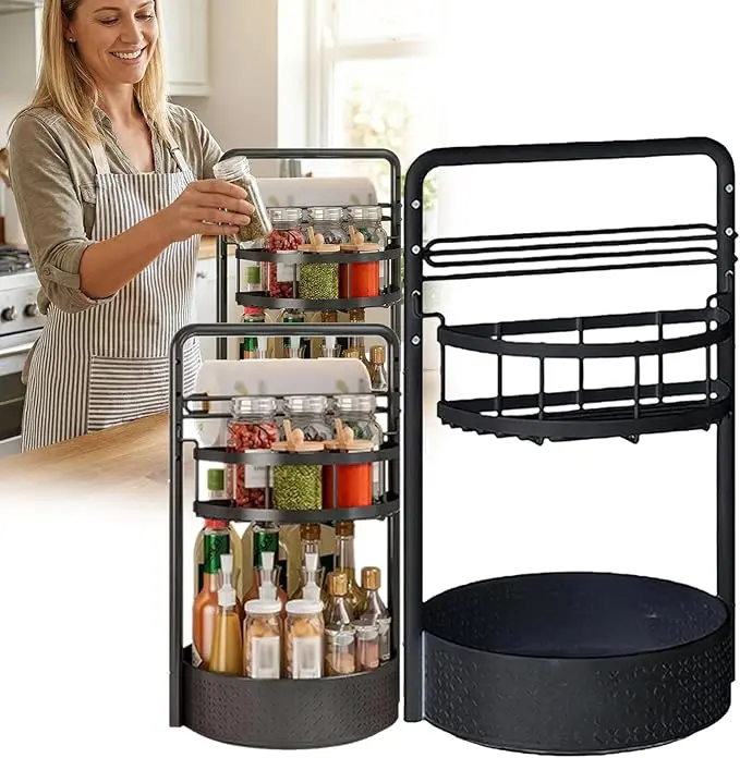 2-Tier Expandable Rotating Metal Lazy Susan Spice Rack - Height-Adjustable, Non-Slip, Smooth Organiser for Home Cooks, Kitchen Countertop, Cabinet Storage of Spices, Oils, Seasonings
