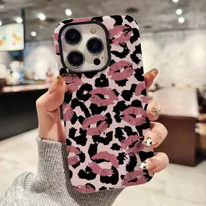 Stylish pink leopard print lip print design, durable, shock-absorbing, glossy 2-in-1 phone case, compatible with iPhone 17, 16, 15, 14, 13, 12, 11, X, Samsung and other models. Makes a great holiday gift for friends or family.