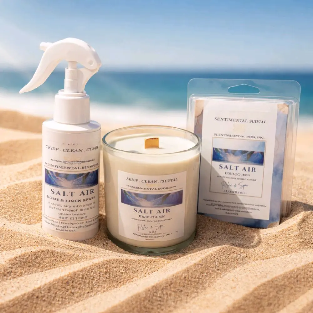 SALT AIR  Bundle 9 Oz Hand Poured Crackling Wood Wick Candle 72 Grams Wax Melt and 4 Oz Home and Linen Spray