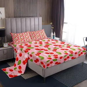 Cherry Sheet Set,Tropical Fruit Print Sheets with Deep Pocket Fitted Sheet,Pink Sweet Cherry Print Bed Sheets Set,Breathable Floral Print Sheet Set, Breathable Durable Sheets, Microfiber Bed Sheets