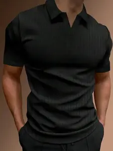 2026 Men's Regular Fit Solid Short Sleeve Polo Shirt Casual Half Placket Collared Top for Summer Daily Wear Soft Breathable Classic Tee