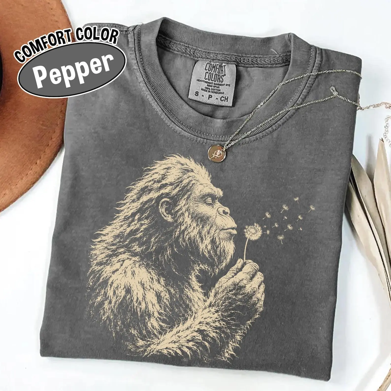 Comfort Colors Bigfoot Dandelion Shirt, Vintage Sasquatch Nature Tee, Woodland Cryptid Graphic T-Shirt, Outdoor Adventure Gift