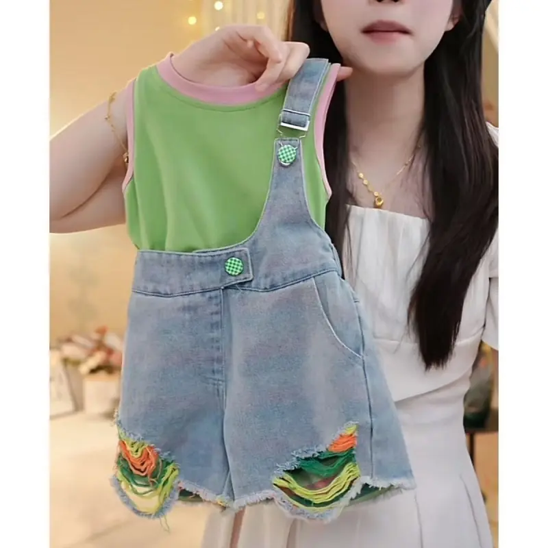 Girls' 2026 Summer Outfit: Stylish One-Shoulder Denim Overalls and Vest for Children
