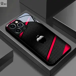 Black Carbon Fiber Red Stripe Background Design Phone Case Suitable for iPhone 17 16,15,14,13,12,11 Plus Pro Max Fashionable Durable Tempered Glass Carbon Fiber Phone Case