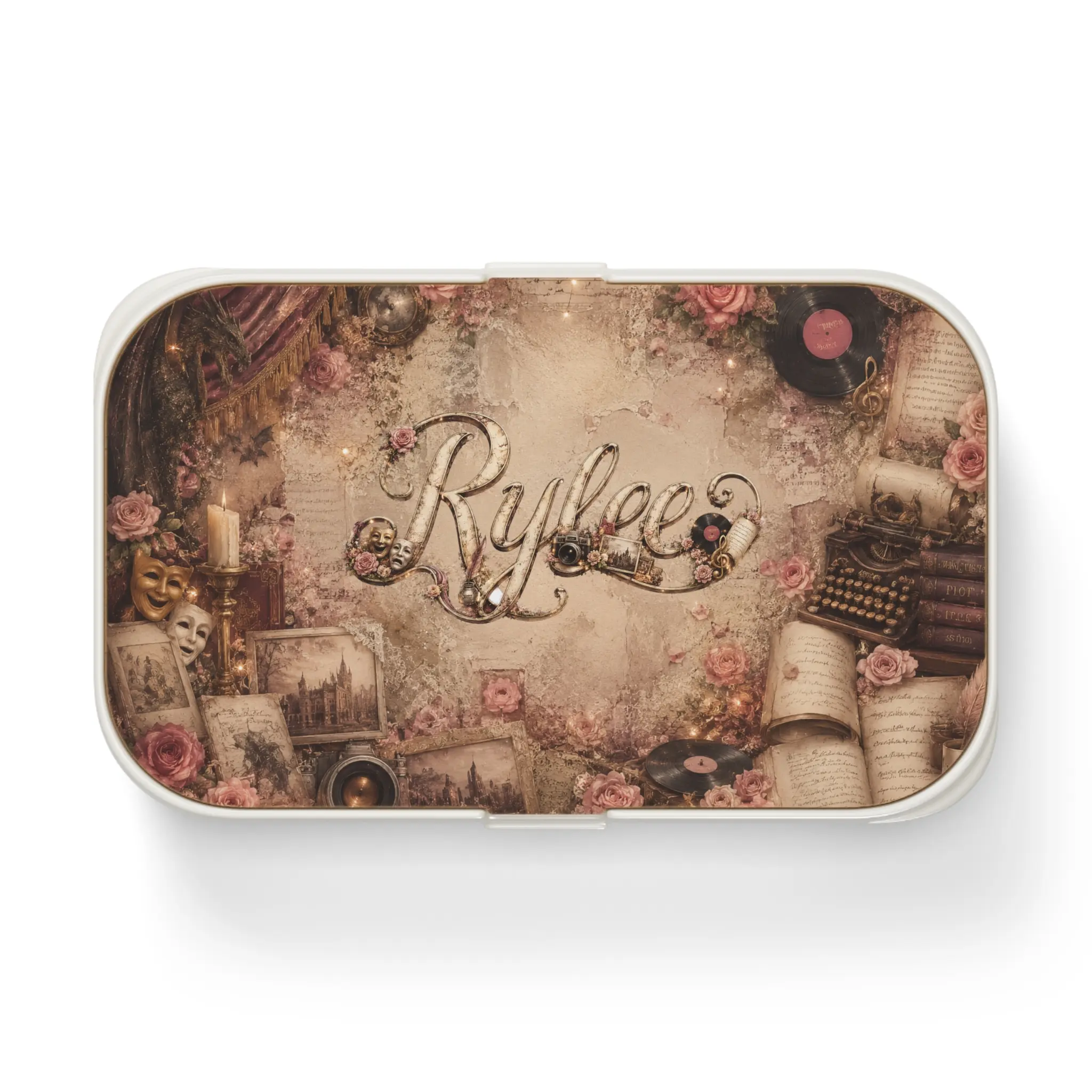 Vintage Floral Collage Bento Lunch Box | Personalized Name Script