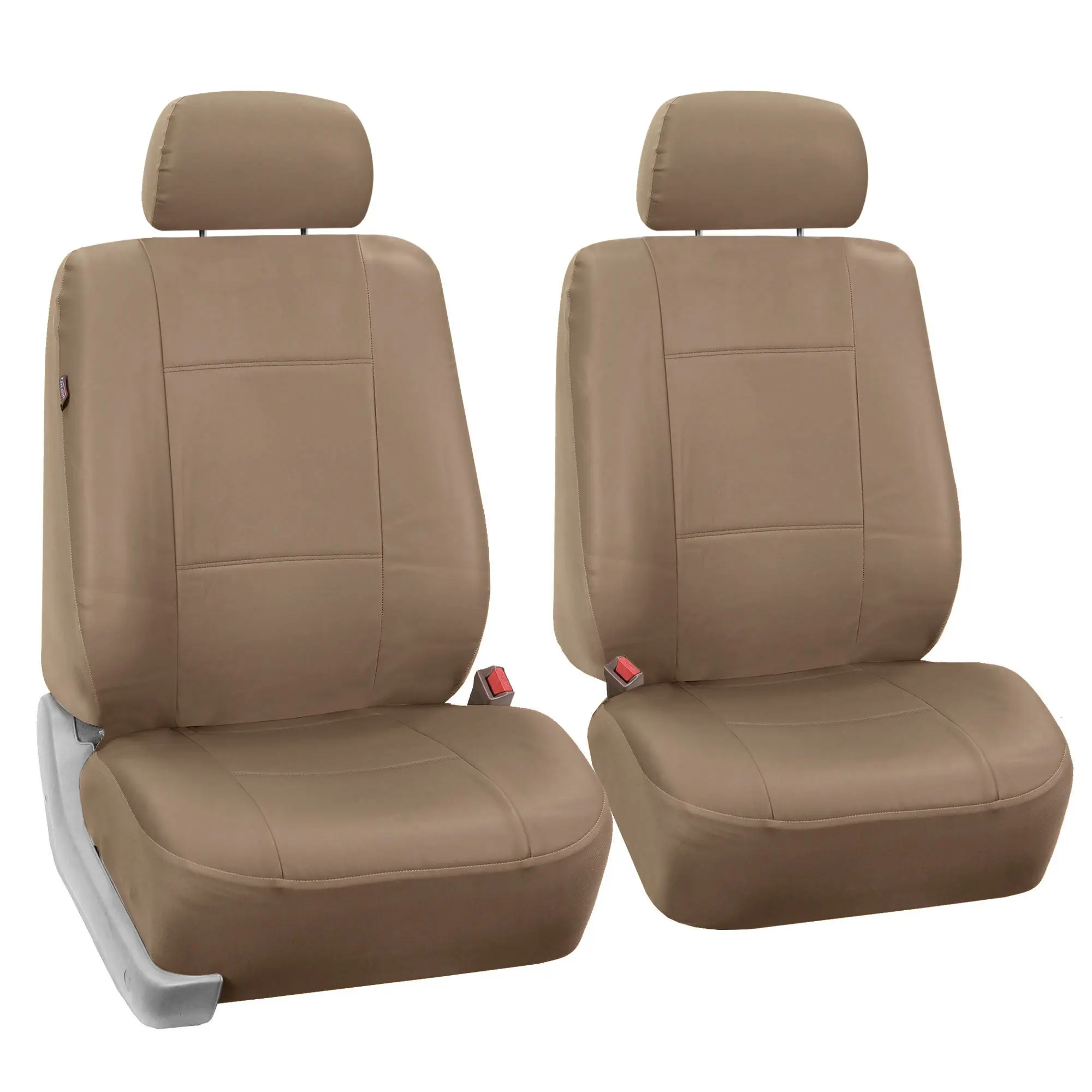 FH GROUP Tan PU Leather Front Car Seat Covers Set - Adjustable, Heated Seats Compatible, Hook-Loop Fastening, Removable, Wipe-Clean Automotive Accessory, Car Seat Cover