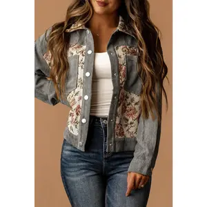 Medium Grey Corduroy Floral Patchwork Vintage Jacket