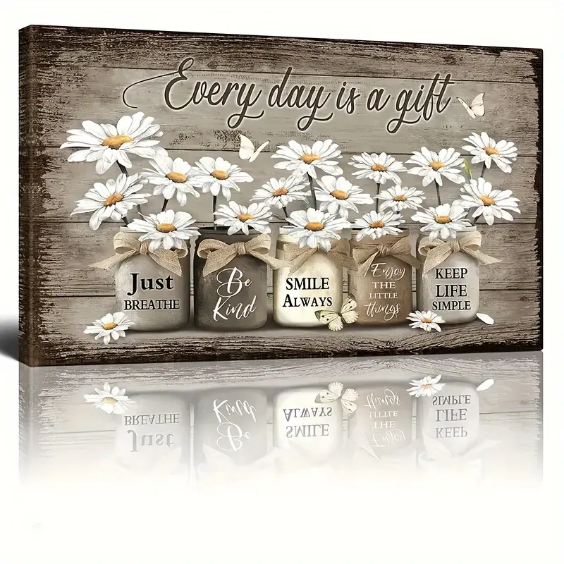 1PC Wooden Frame Rustic Wall Art Daisy Butterfly Gift Canvas Vintage Floral Wall Art, Inspirational Picture for Bedroom, Living Room, Bathroom, Office Wall Decoration, Ready to Hang with Frame, 11.8inx15.7inch