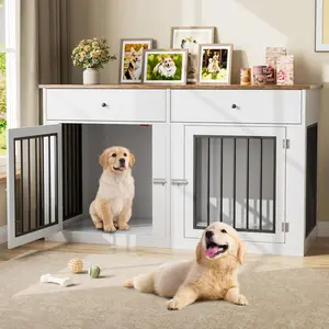 60" Farmhouse Double Dog Crate Furniture - Stop Ruining Your Home Decor! Wooden Dual Dog Kennel TV Stand with Storage Drawers for 2 Medium Small Dogs, Heavy Duty Luxury Indoor Pet House Entryway Console Table, Fast US Shipping
