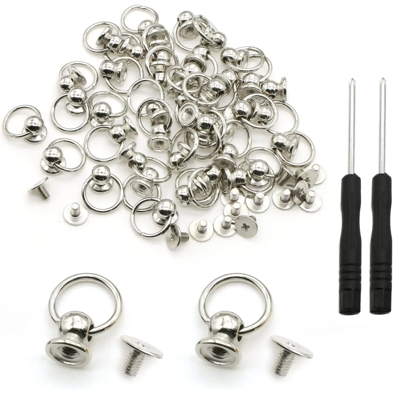 120 Pcs Screwback Round Head Rivet with Pull Ring Studs DIY Leather Craft Rivets Studs, for Purse Wallet Phone Case Handbag Decoration Bag with Mini Screwdriver (Silver)
