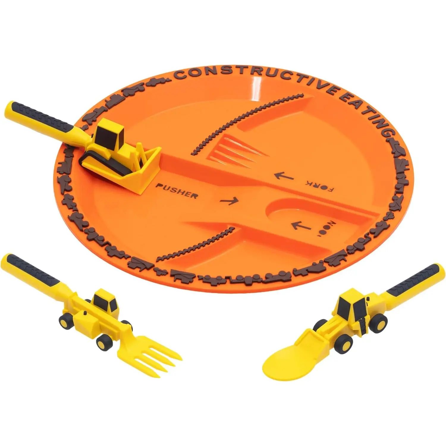 Toddler Construction Dinnerware Set - Fun Divided Plate, Includes Cutlery, USA-Made Tableware