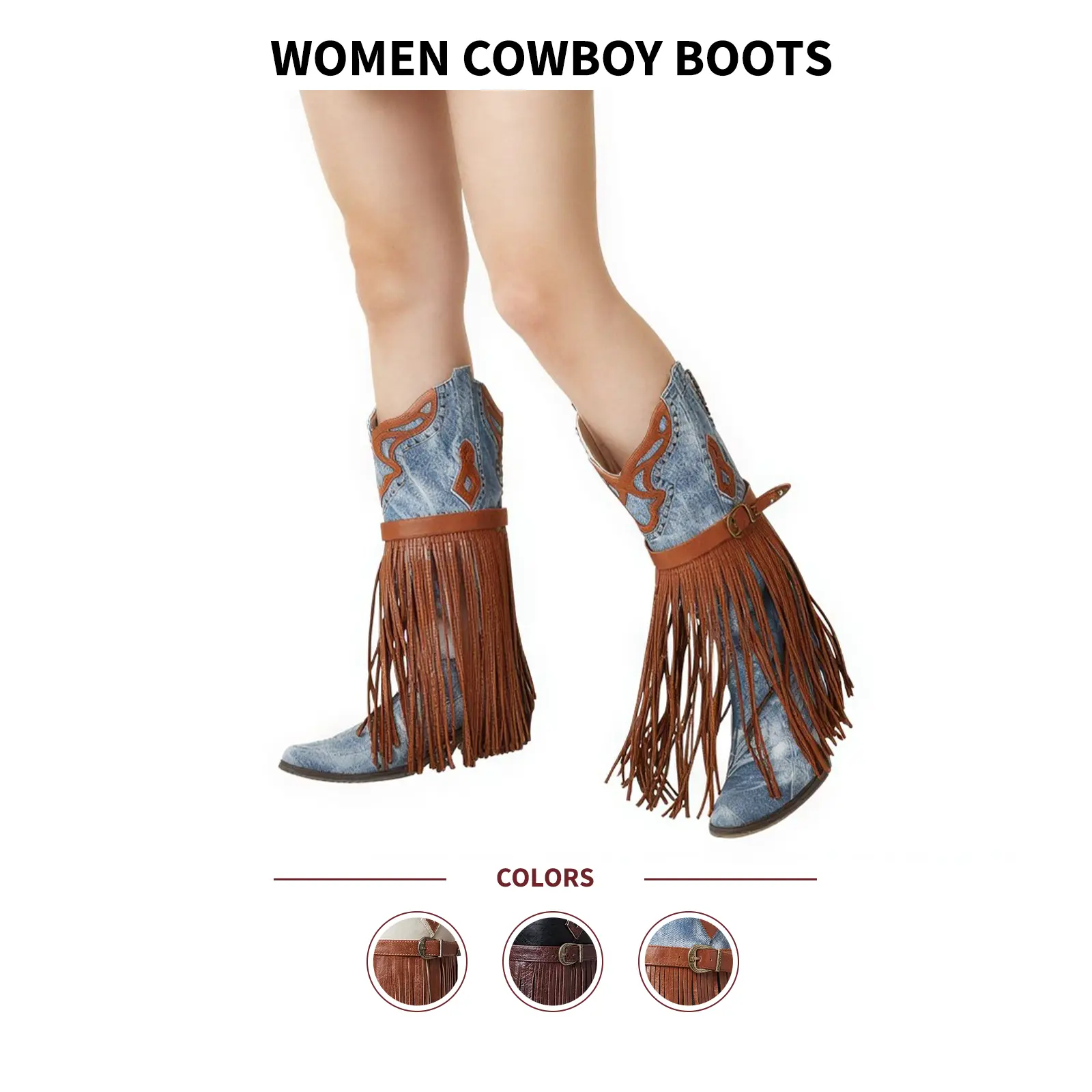 Women Cowboy Boots Mid Calf Pointed Toe Chunky Block Heels Tassel Fringe Buckle Strap Pull on Casual Outdoor Festival Riding Concert Street Style Retro Comfortable Fashion Vintage Cowgirl Western Booties Summerwins