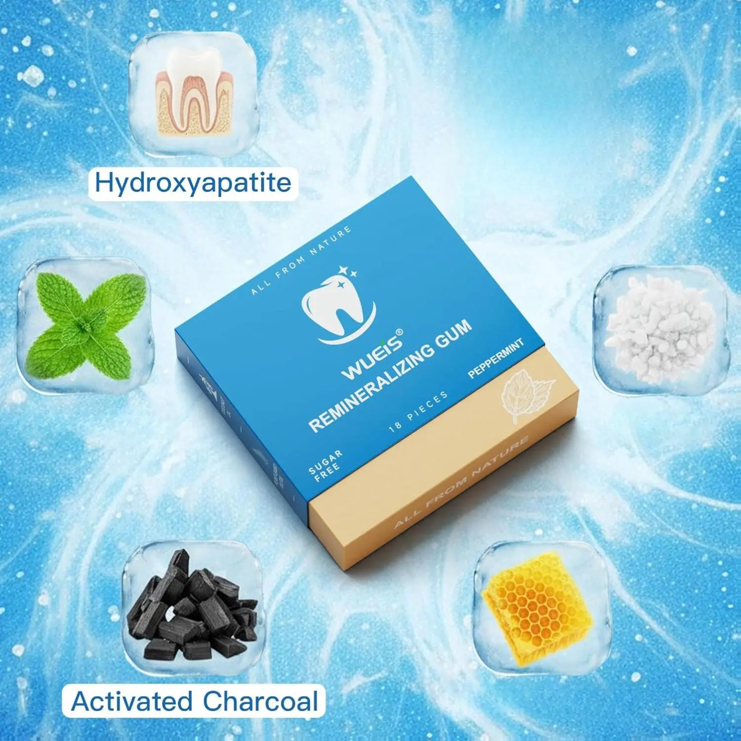 Remineralizing Gum with Xylitol Hydroxyapatite - Natural Mastic Mint Chewing Gum for Oral Care - Sugar Aspartame Plastic Dye Gluten Free - 72 Pieces (18 Count (Pack of 4), Peppermint)