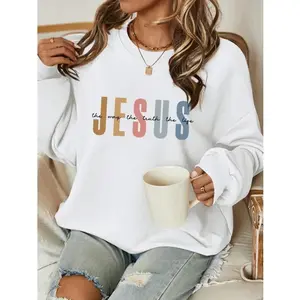 [Sale off up to 65%][Free Ship] JESUS Casual Letter Pattern Crew Neck Loose Fit Sweatshirt For Women Autumn Winter Fall Grey Cotton Hoodie Breathable Eco-friendly Top Womenswear Fabric