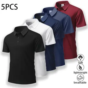 Pack of 5 men’s polo shirts — casual men’s polos, solid color button-front basic style, versatile; men’s bowling/golf apparel suitable for everyday wear and summer business style. Wetsuit Beige ideal choice,summervibes