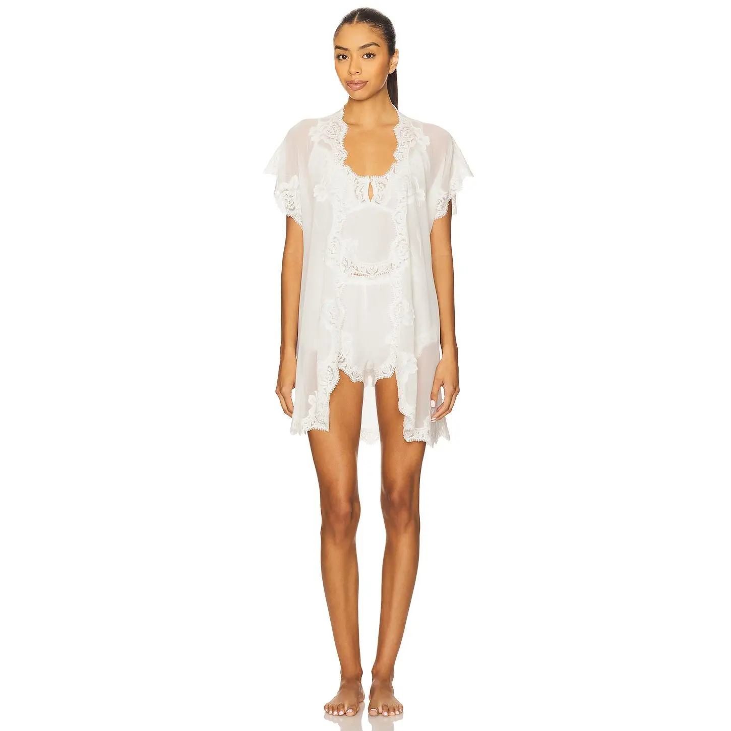 Women's Lightweight Chiffon Mini Bathrobe - homebodii Valentina Style, White Lace Detachable Casual Garment with Belts, Machine Washable Sleepwear Loungewear