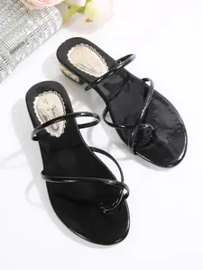 Women's Black Two Strap Flat Sandals with Rhinestone Block Heel #WomenSandals #TwoStrapSandals #FlatSandals #RhinestoneHeelSandals #CasualSandals
