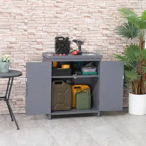 Gray Outdoor Storage Cabinet with Galvanized Top and 2 Shelves for Garden Tools Pool Accessories for Backyard Patio Deck Sidewalk Lawn Tool Organization