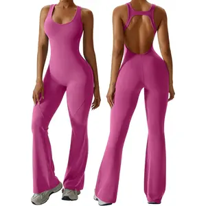 Womens Flare Jumpsuit with Bra Tummy Control Cutout Romper Workout Outfit Sleeveless Unitard One Piece Backless Bodysuit jeans  addict