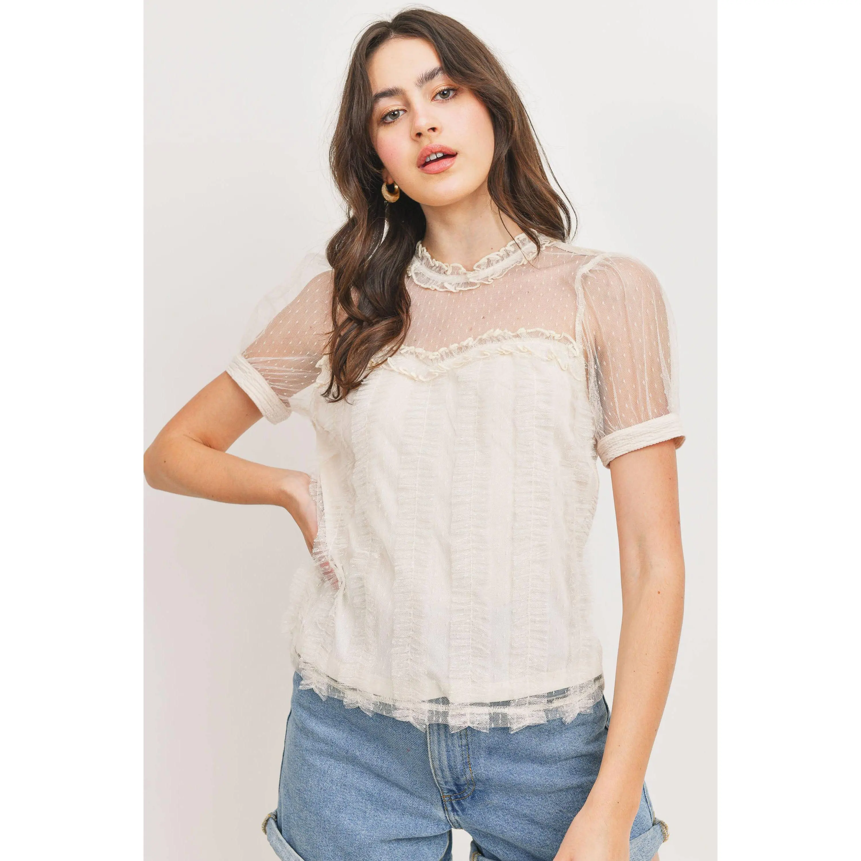 Dotted Mesh Overlay Blouse