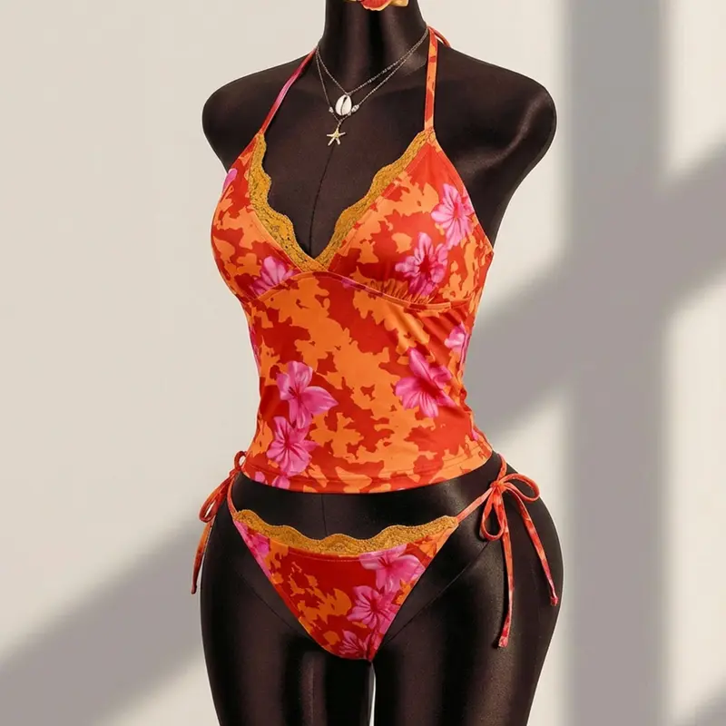 Women's 2 Piece Set Fashion Feminine Sexy Vacation Style Floral Print Pleated Bust Lace Halter V Neck Vest, Fit, Elegant Summer, Two Piece Sets, Casual Wear Clothes Set