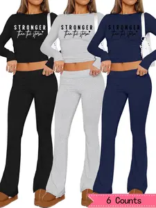 Women's Letter Print Crop Tee & Plain Flare Leg Pants Set, Casual Long Sleeve Round Neck Top & Bell Bottom Trousers for Spring & Fall, Women's Clothes for Daily Wear