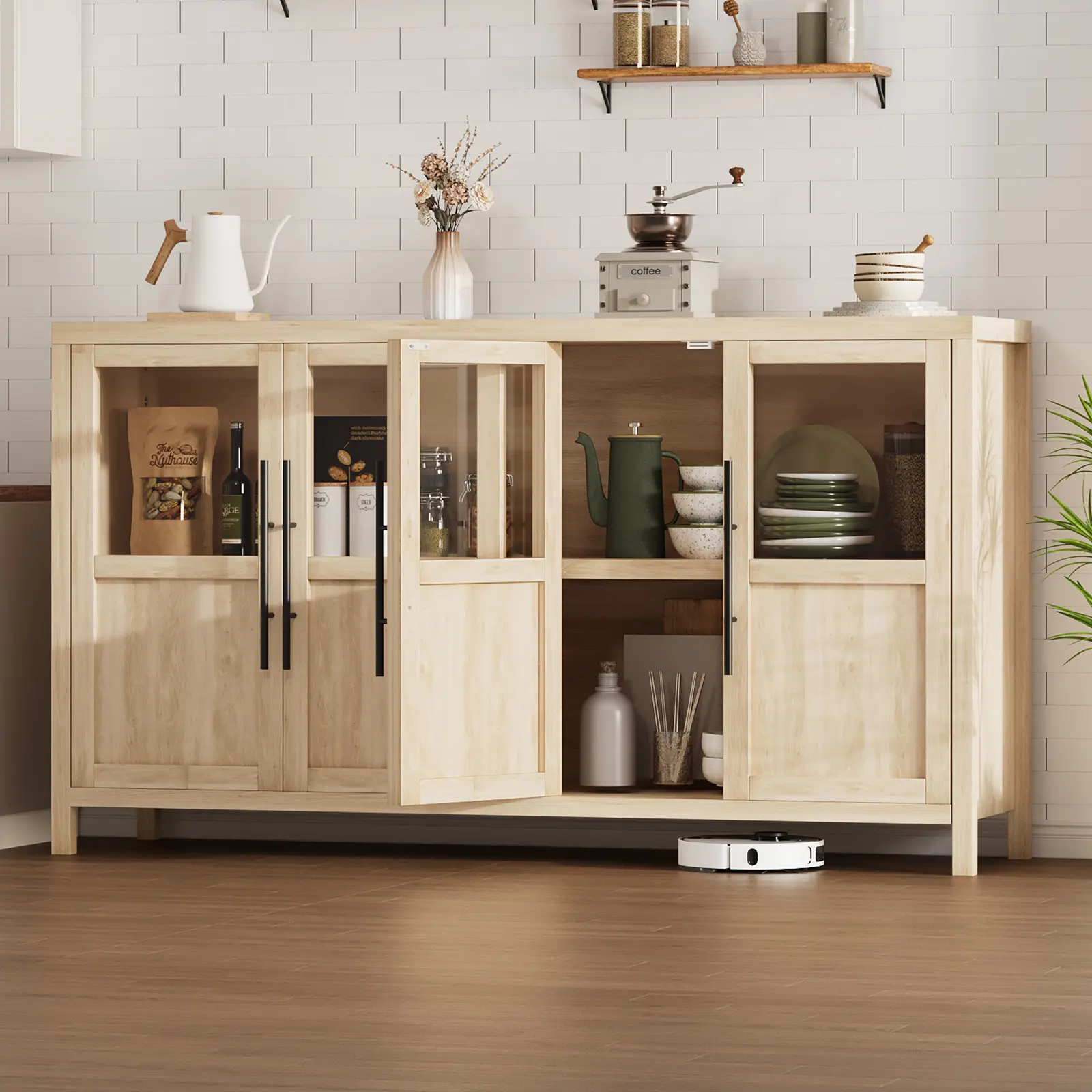 OUTGOODS 55" Modern Buffet Cabinet - 4 Divided Acrylic Glass Doors, Compact Chic Farmhouse Decorative Sideboard with Assembly Kit for Kitchen, Dining Room (Apartment Size), Acrylic Glass Sideboards, Chic Farmhouse Sideboards