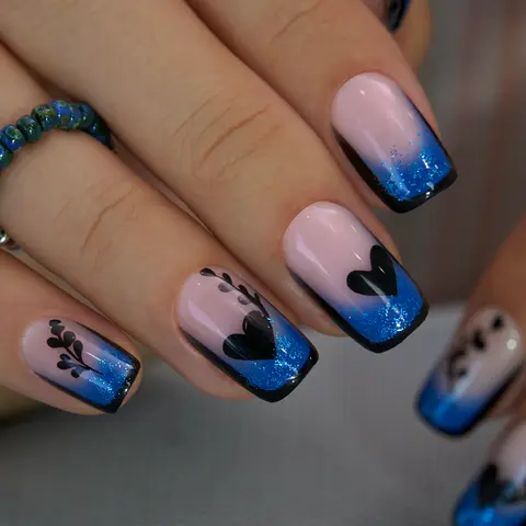 CurvLife Blue Mirage Press-On Nails – 30PCS Long Square Ombre Blue Glitter Press-On Nails with Black Heart and Leaf Accent Design, Shiny Night Party Style, Easy to Apply & Reusable, Perfect for Holiday, Date Night & Glam Look